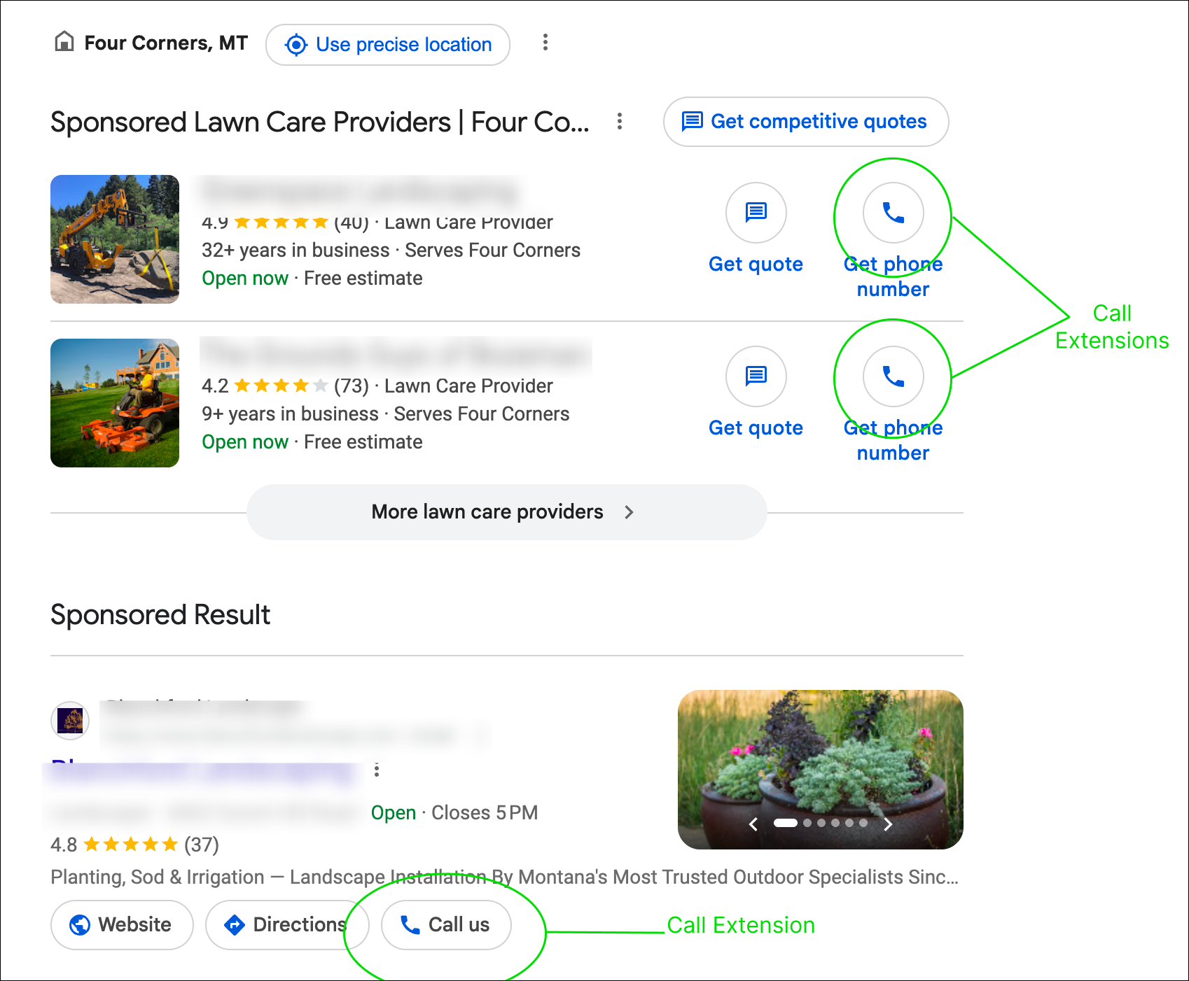 Google call extensions shown as "Get phone number" and "Call us" buttons on search ads